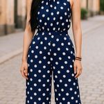 SheIn Navy Blue Polka Dot Halter Belted Jumpsuit | Sleeveless | Wide Leg | NWOT Photo 0