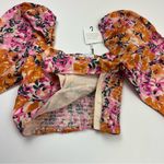 Something Navy Puff Sleeve Floral Crop Top Womens Size XXS Linen Blend NEW Photo 8