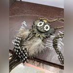 Vintage 1970s Large Rhinestone Spotted Owl Boho Feather Long Legnth Necklace White Photo 5