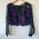 Vintage cropped button front long sleeve top velvet front sheer sleeves Black Size M Photo 0