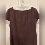 Vintage Brown & White Linen Short Sleeve Square Neck Shift Dress Tunic Photo 8