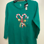 kim rogers  Womens Christmas Candy Canes 3/4 Sleeve Green Top Shirt M Medium NWT Photo 0
