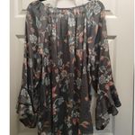 Fred David  Size 2X Gray Floral Long Layered Sleeve Tie Neck Romantic Boho Top Photo 2
