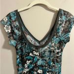 Free People Rare Vintage Y2K V Neck T-shirt Teal Grey White Flowers Women's sz S Photo 3