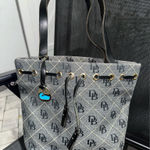DOONEY & BOURKE Signature Monogram Bucket Purse Handbag Blue Tassels‎ 10x12” J Photo 0