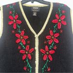 Women’s ugly Christmas sweater vest Embroidered Beaded Poinsettias Large Black Photo 1