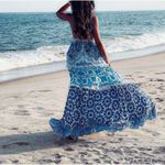 Rococo Sand Oriental Labyrinth Printed Sleeveless Tassel Lace Tiered Maxi Dress Blue Size XS Photo 1