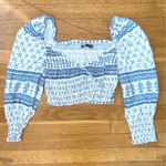 ZARA  Boho Smocked Puff Sleeve Crop Top Medium‎ Blue White Print Feminine EUC Photo 2