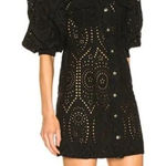 Ganni  Black Eyelet Puff Sleeve Button Up Mini Shirt Dress Size 38 Photo 0