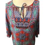 Democracy boho medallion teal and off red orangish paisley print 3/4 sleeves wit Photo 2