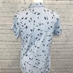 PASSPORT Button Down Short Sleeve Shirt Blue/White Striped Bird Print Photo 2