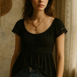 Vintage Black Babydoll Empire Waist Pleated Boho Sheer Sleeve Top Balletcore M Size M Photo 0