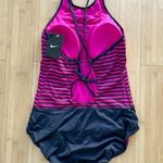 Nike NWT Size Large One Piece Laser High Neck Striped Bikini Swimsuit Photo 8