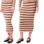 English Factory  Stripe Tan Black Knit Pencil Midi Skirt Sz L Photo 1