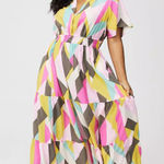 Torrid NWT  0 L 12 Giant Geo Tiered Maxi Dress Plus Pink Yellow Pockets Photo 0