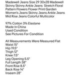 Jeans Size 29 30x28 Madewell Skinny Skinny Ankle Jeans Stretch Floral Pattern Photo 6