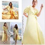 ZARA maxi dress silky satin butter yellow puff sleeve wrap tie front black tie Photo 1