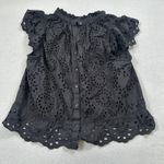 Embroidered Blouse Black Eyelet Cotton Ruffle Sleeve Button Down Top Small Photo 0