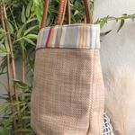 Maggie Barnes Vintage  Tan cream colorful striped jute tote bag with leather handles  Photo 2