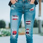 CHECKERED RED PLAID PATCH DESTROYED SKINNY JEANS Size undefined Photo 0