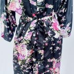 Silky Satin Robe Floral Pattern Kimono Short Black Size Small Photo 7