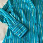 Attention  Women’s Green Striped Big Cuff Button Down Collared Shirt Photo 3