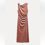 ZARA  NWT velvet velour pink split hem midi dress with asymmetrical gold detail Photo 5