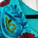 Mexican Folk Art Floral Embroidered Short Sleeve Blue Tunic Blouse Large Boho Photo 4