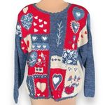 Vintage 90s Bright Red Blue Cardigan Round Neck Heart Floral Pattern Knit Large Photo 1