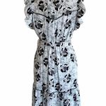 MAXSPORT Floral Dress Blue Black Ruffles Lined Midi Elastic Waist Belt Small NWT Photo 2