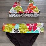 La Blanca Brown & Colorful Tropical Floral Triangle Halter Bikini Swimsuit 6/8 Photo 0