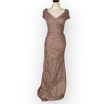 La Femme 27982 Gown Women's 2 Cocoa V-Neck Off Shoulder Knit Lace Long Dress Photo 2