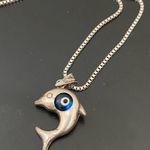 Unique Vintage 925 Sterling Silver Dolphin Blue Evil Eye Pendant 24” Necklace 7g Photo 4