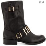 Jessica Simpson  Skylar Black Leather Moto Boots with Gold Hardware Sz 8 Photo 0