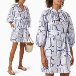 Oroton Dress Linen Lace Flower Smock Blue Floral Print Tie Neck Mini Dress 8 Photo 1