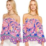 Lilly Pulitzer Sanilla Silk Off The Shoulder Top XXS Pink Fusion Butterfly Neon Photo 3
