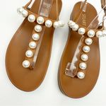 Stuart Weitzman Women’s Goldie Pearl Demi Wedge Thong T-Strap Sandals Tan White Photo 9