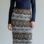 Vintage 70s Wool Acrylic Fair Isle Midi Sweater Skirt Size Small Brown Blue Photo 0