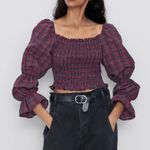 ZARA Blue Red Plaid Puff Sleeve Smocked Cropped Top Size XS Photo 6