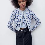 ZARA B07-Women's  Cardigan, Size S, Light Blue and Navy daisies print Photo 2
