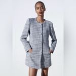 ZARA  New Blue White Round Collar Long Structured Blazer Shoulder Pads Size XL Photo 4