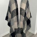 Woolrich Blanket Shawl Poncho Cape Wrap Fringe Bottom Black and Grey Plaid Photo 0