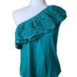 Anthropologie One Shoulder Eyelet RUffle Knit Top Shirt Blouse Size Small Green Photo 0