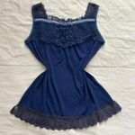 Axes Femme Navy Blue lace trimmed cami top ruffle detail pearl embellishments Size M Photo 0