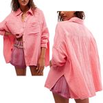 Free People NEW  Cardiff Top Pink Barbicore Cotton Gauze Button-Up Shirt Small Photo 9