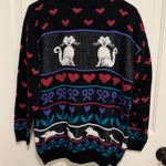 Vintage ADELE Cat Kitten Bow Mouse Heart Sweater 80s Cottagecore Sz LARGE Blue Photo 0