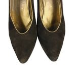 PETRA Brown Pumps Suede Gold Leather Trim Cone Heels Almond Toe Italy Size 7.5M Photo 1