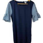 J.Crew  Printed Navy Blue Dress Gingham Ruffle Bell Sleeve Cotton Career M Photo 0