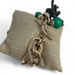 Ann Taylor  Charm Bracelet Gold Tone Chain Rhinestone Green Beads Leather Tassel Photo 5