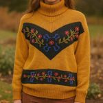 Vintage mustard yellow floral Sweater medium 80s 90s boho fall Black Photo 0